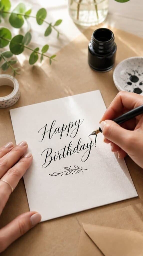 Hands hand lettering a greeting card with a calligraphy pen