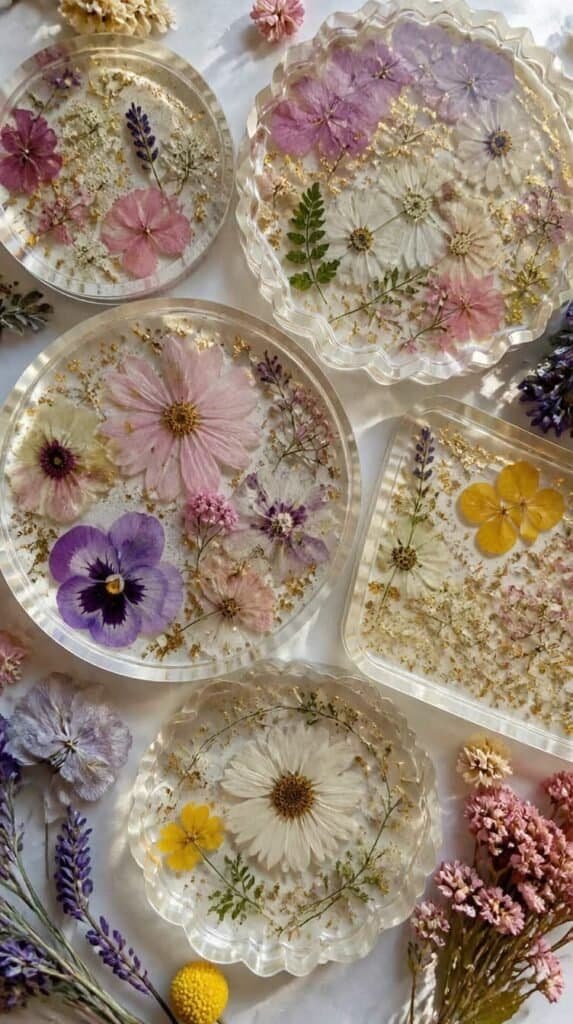 Dried flower resin trays with pressed botanicals on a craft table
