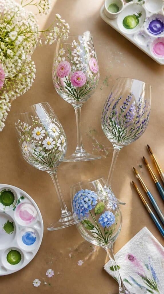 Hand painted wine glasses with floral designs on a craft table