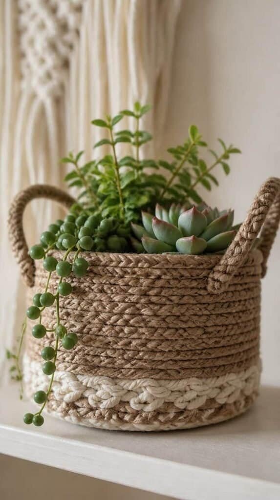 Handmade braided rope basket holding small plants on a shelf