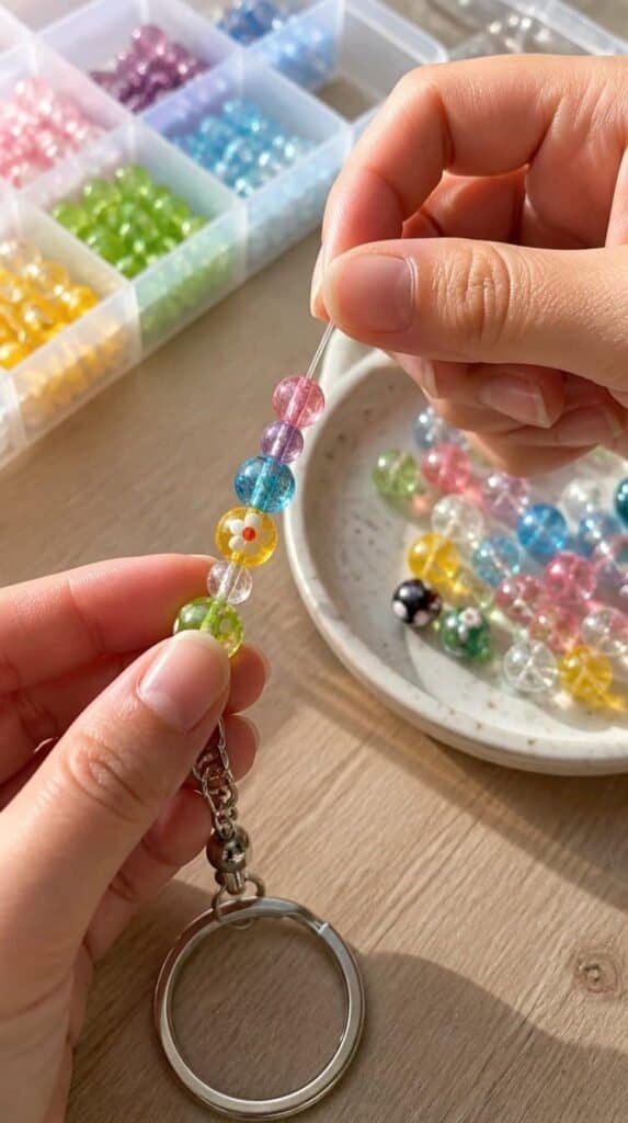 Hands stringing colorful beads onto a keychain