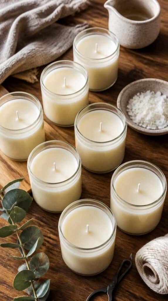 Hand poured soy candles cooling in glass jars
