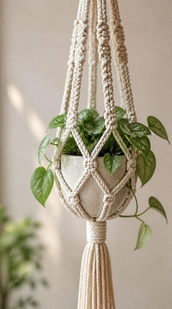 Handmade macrame plant hanger with a small potted plant