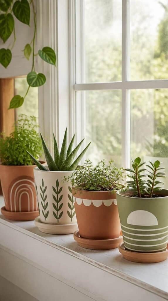 Row of hand painted terra cotta pots on a sunny windowsill