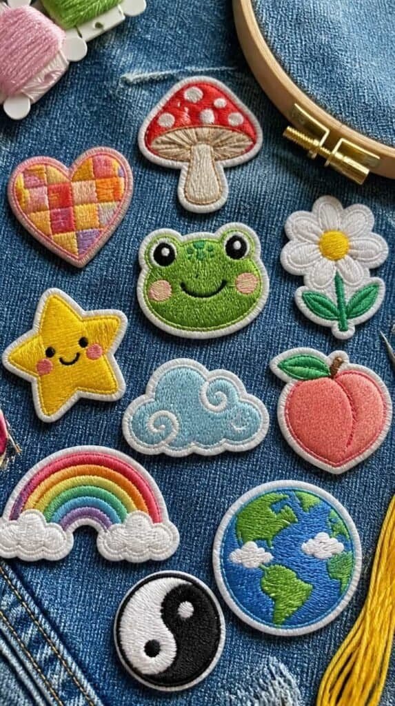 Colorful embroidered patches on denim fabric