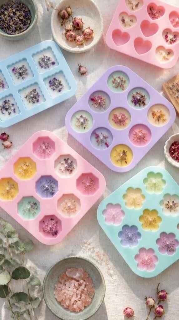 Colorful handmade wax melts cooling in silicone molds
