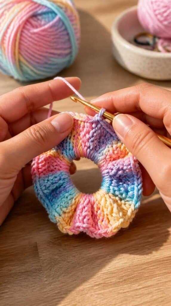 Hands crocheting a colorful hair scrunchie with yarn