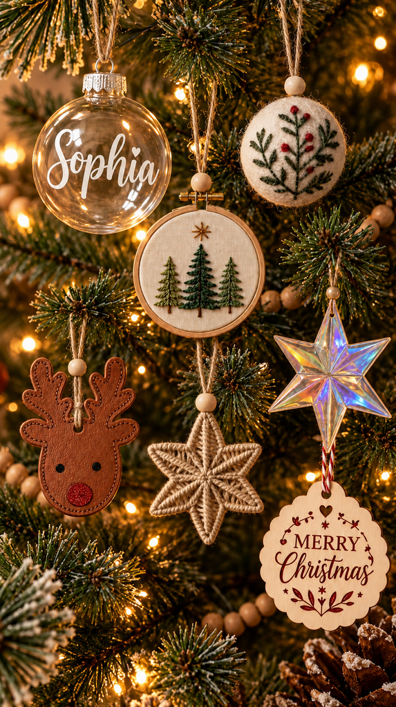 Finished handmade Cricut Christmas ornaments hanging on a cozy decorated tree