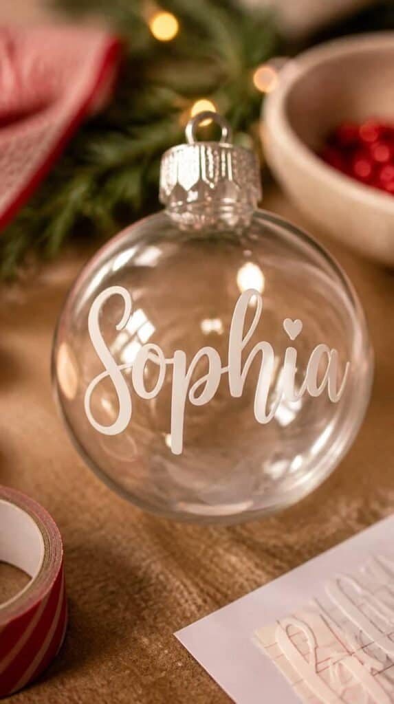 Clear ornament with a vinyl name decal applied for a Cricut Christmas project - Cricut ornament designs