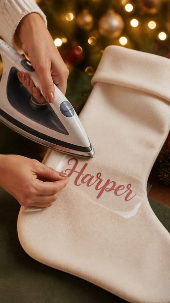 Iron on vinyl name tag being applied to a Christmas stocking with a Cricut design