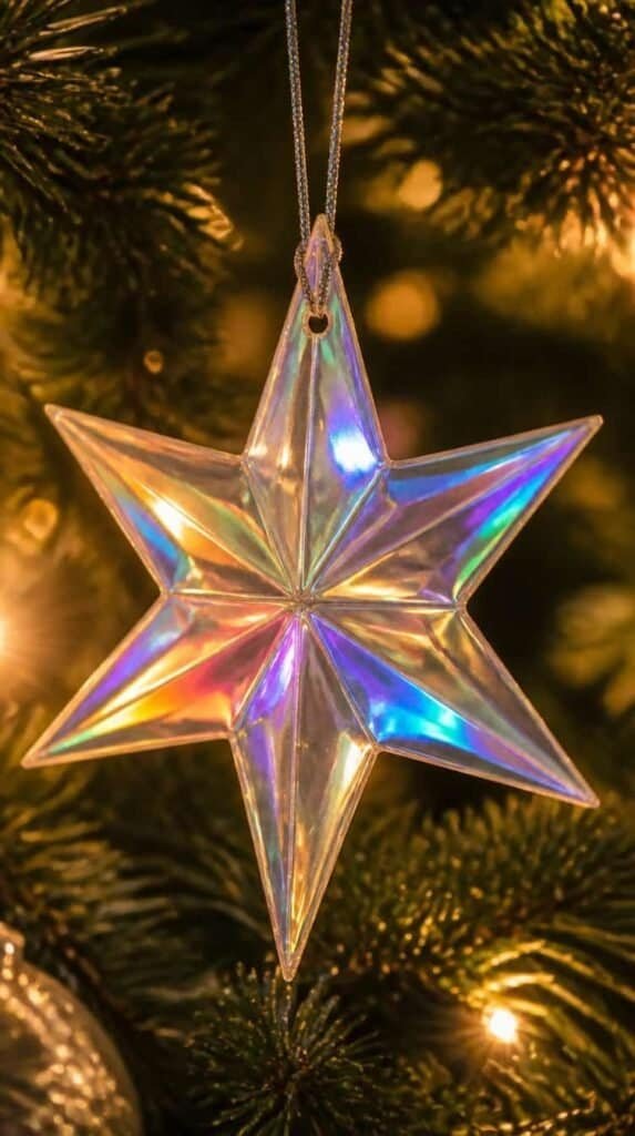 Holographic vinyl star ornament cut with a Cricut machine catching the light