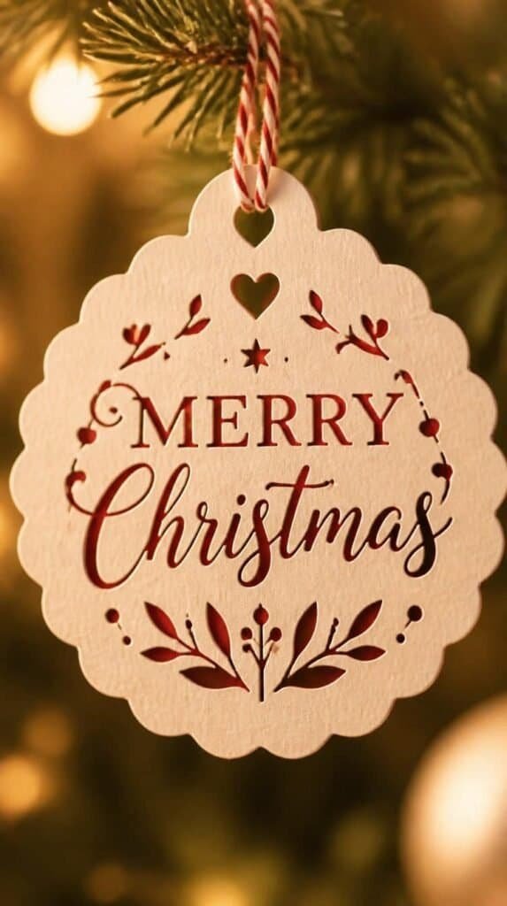 Small Cricut Joy cut cardstock ornament with a Christmas message for a gift tag