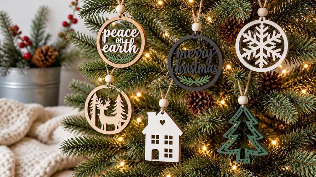 Collection of handmade Cricut Christmas ornaments displayed on a tree with warm string lights