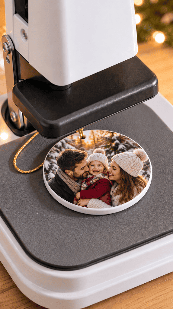 Infusible ink photo transfer ornament being pressed for a Cricut Christmas project