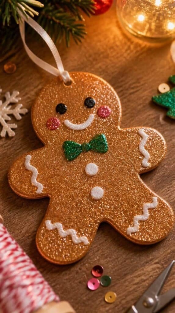 Glitter vinyl gingerbread man ornament cut with a Cricut machine