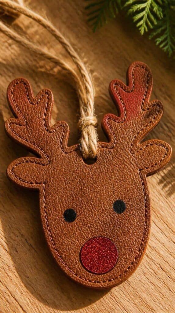 Faux leather reindeer shaped ornament tag cut with a Cricut machine