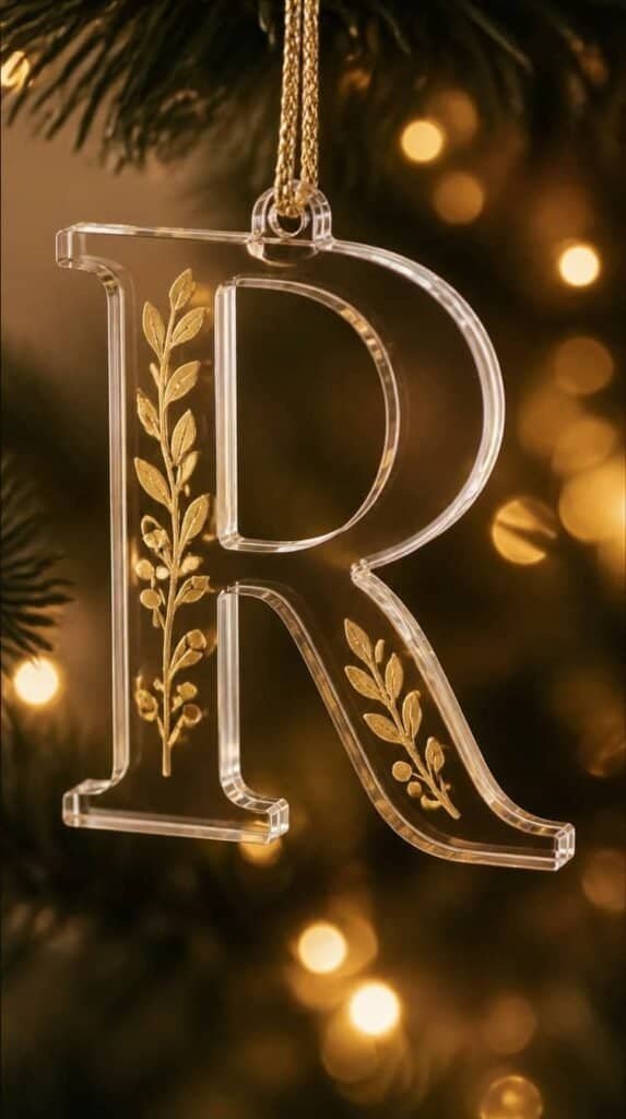 Clear acrylic monogram letter ornament with gold vinyl detail for a Cricut Christmas project