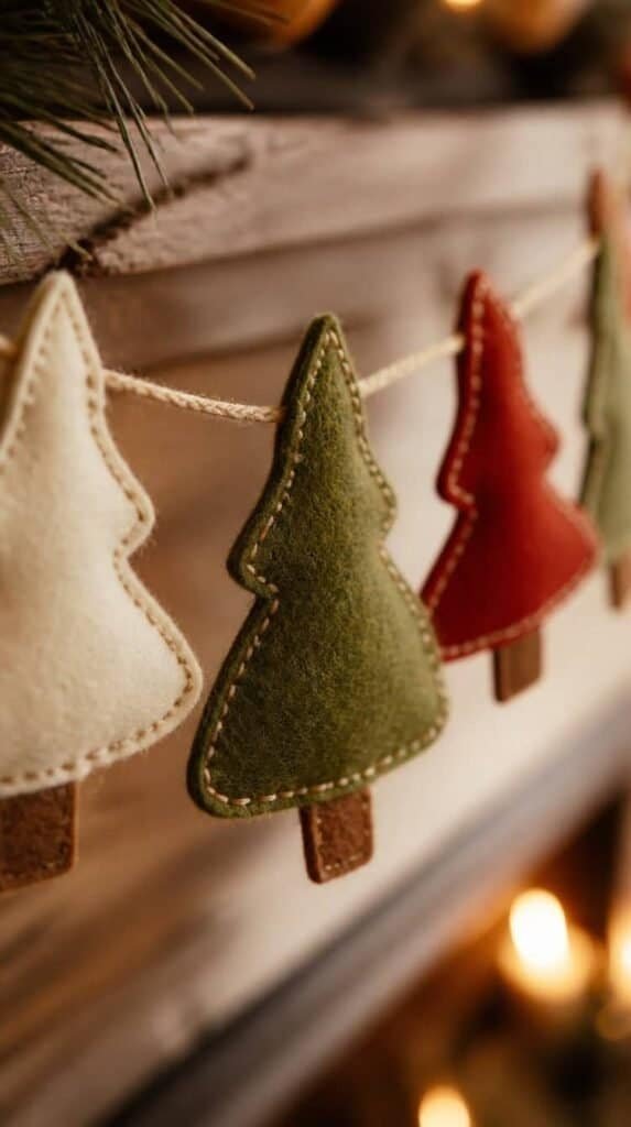 Felt tree shaped ornaments cut with a Cricut machine for a Christmas garland