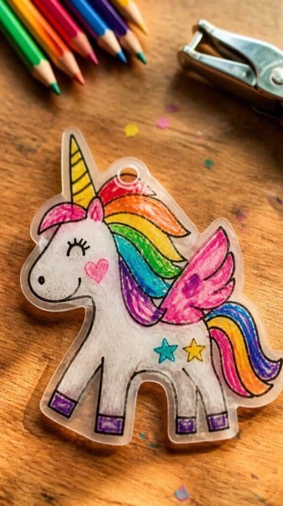 Shrink plastic ornament with kid drawing design cut with a Cricut machine