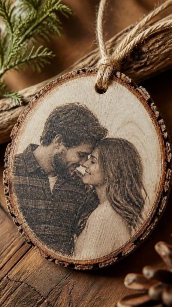 Wood slice ornament with printed photo transfer cut with a Cricut machine