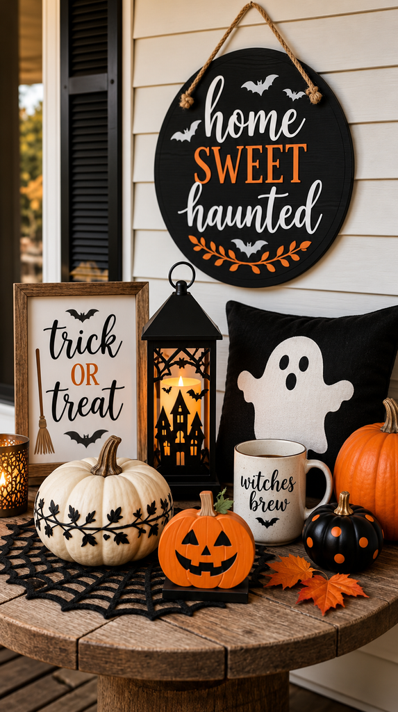 Finished collection of Cricut Halloween projects styled on a porch table