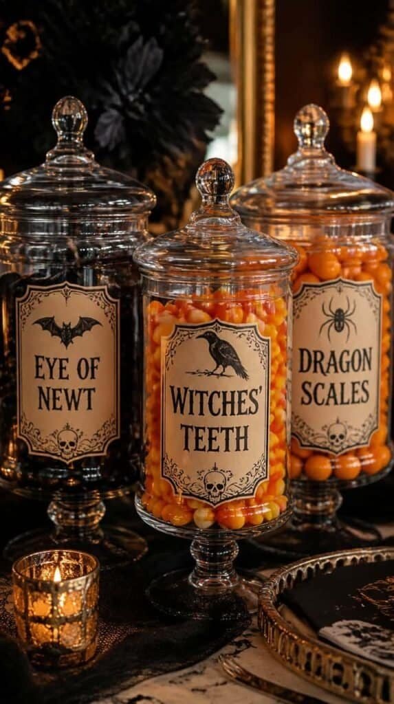 Glass candy jars with printed vinyl Halloween labels