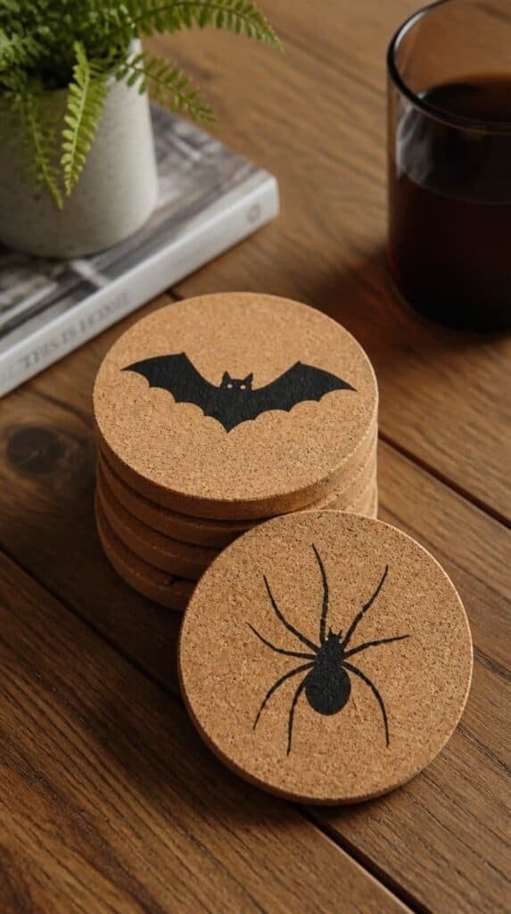 Cork Halloween coasters with vinyl designs stacked on a table