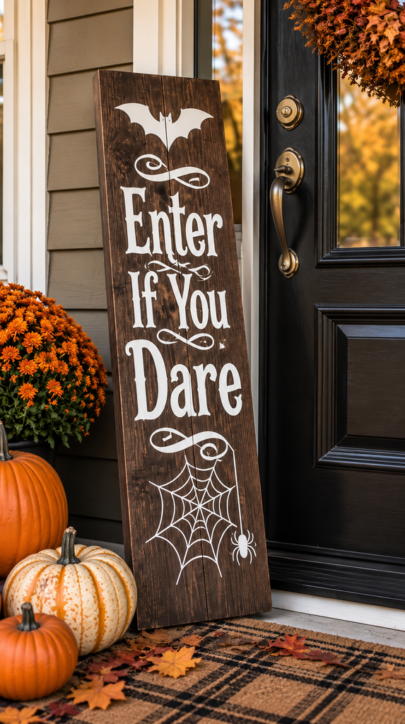 Wood Halloween porch sign with vinyl lettering leaning by a front door
