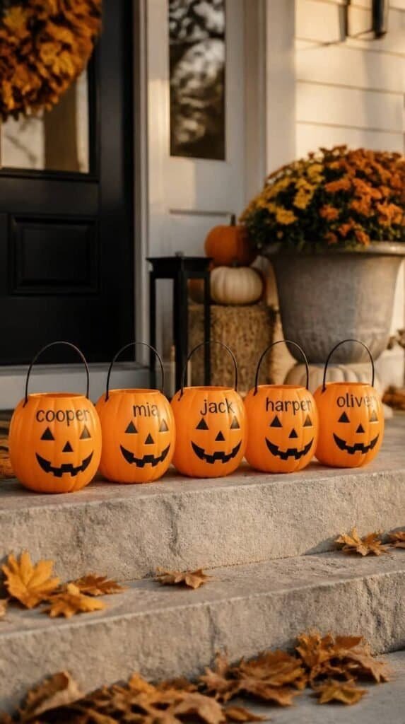 Plastic trick or treat buckets with personalized vinyl names