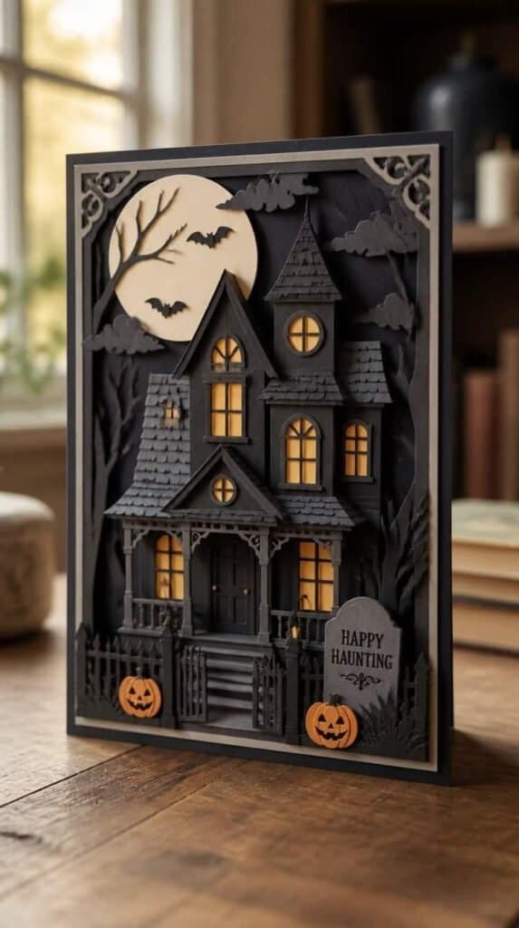 Layered paper haunted house greeting card