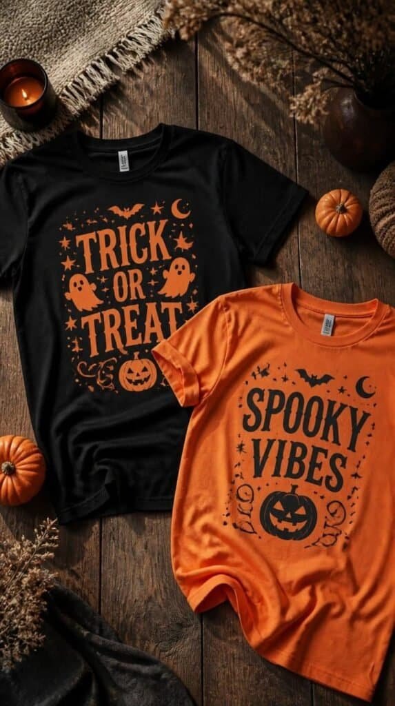 Matching Halloween iron-on t-shirts laid flat