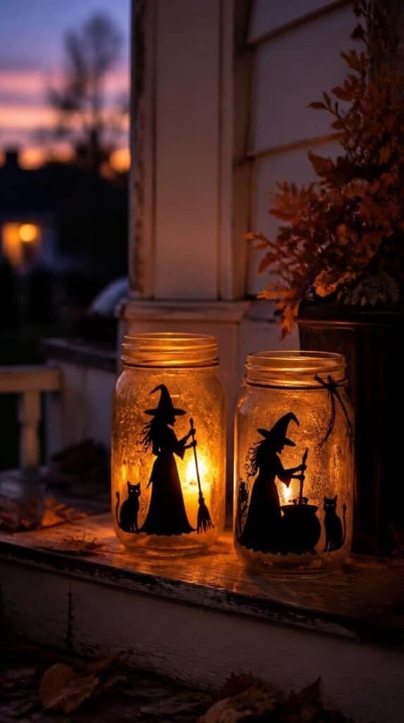 Mason jar luminaries with vinyl Halloween silhouettes and candle light