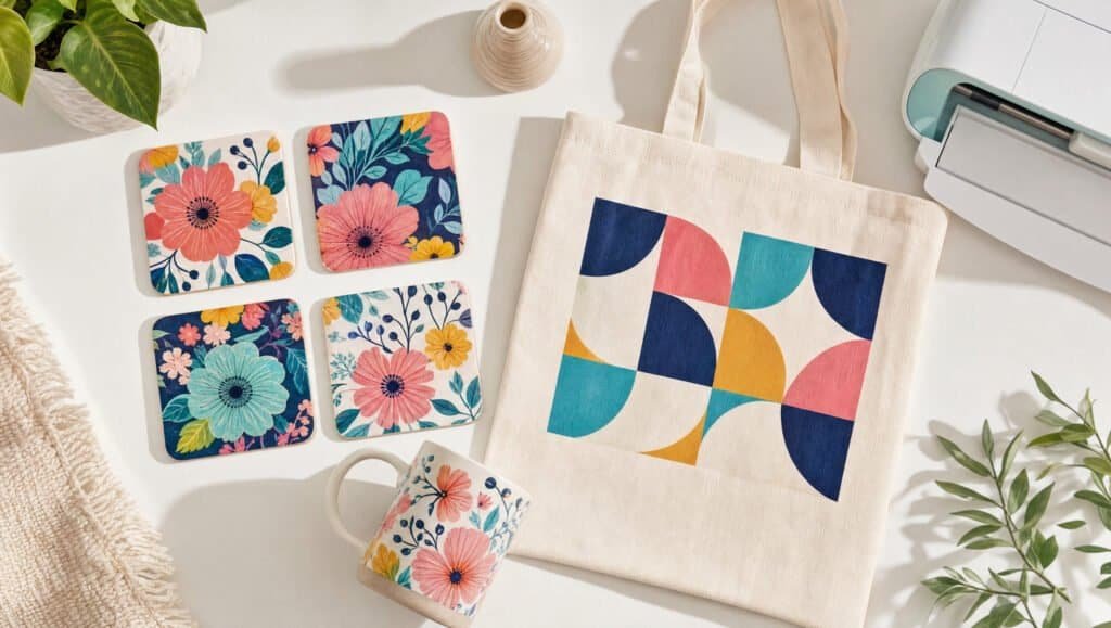 Finished infusible ink floral coasters, a geometric tote bag, and a mug on a bright desk