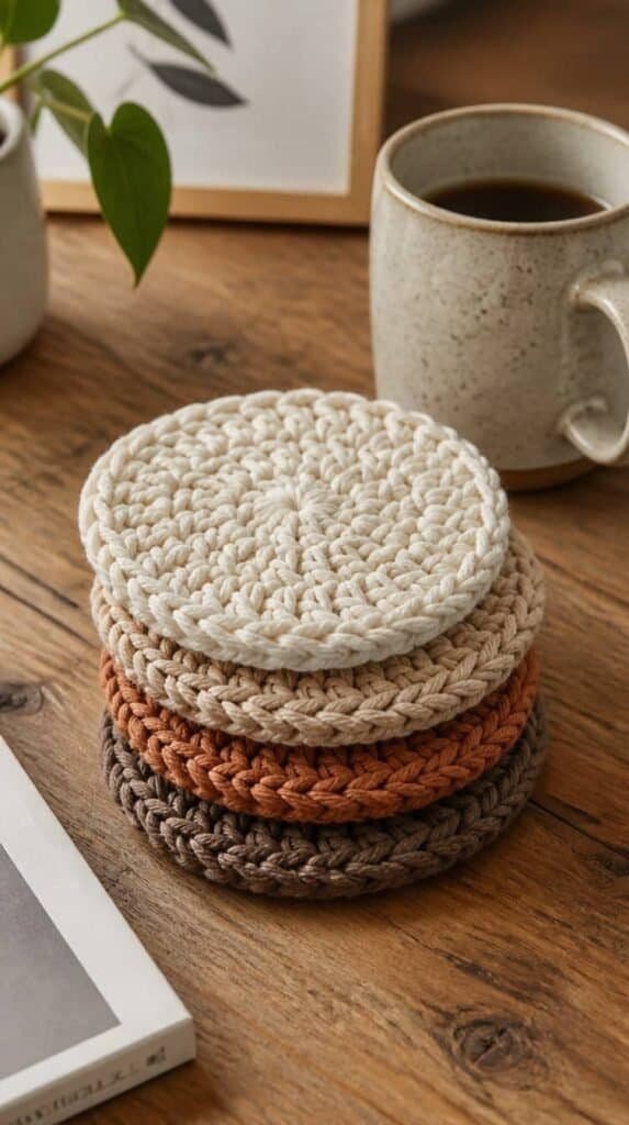 Set of four chunky knit crochet coasters stacked on a wood table