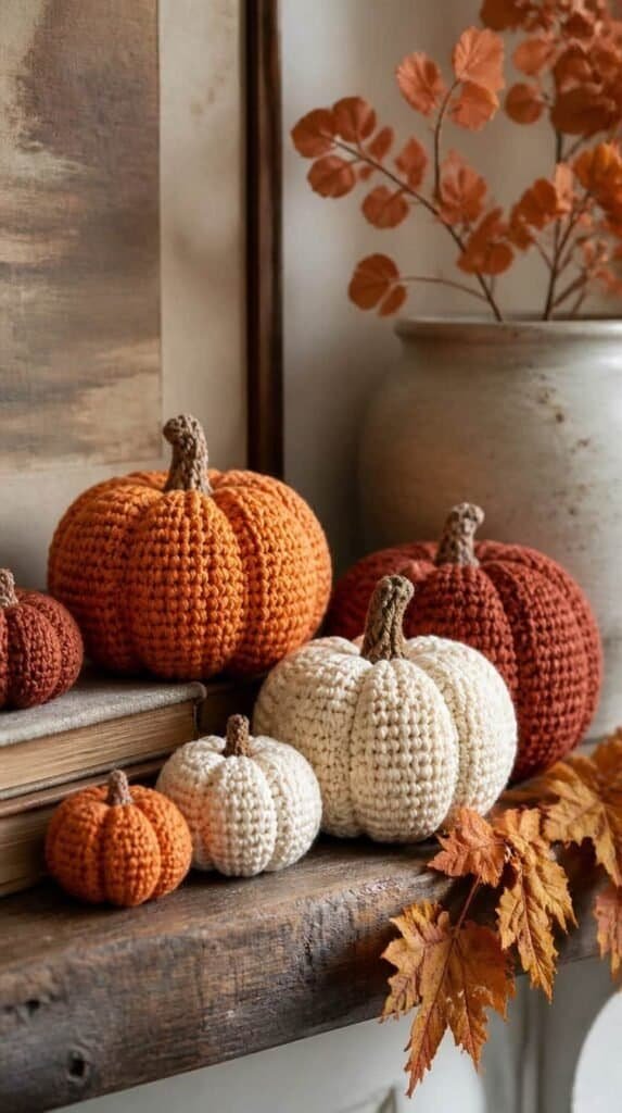 Finished collection of crochet pumpkins styled on a shelf