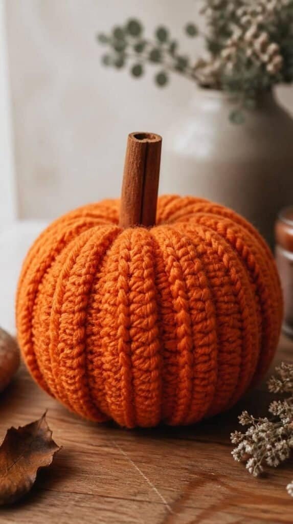 Classic ribbed crochet pumpkin in orange yarn - Cozy Crochet Pumpkin Ideas
