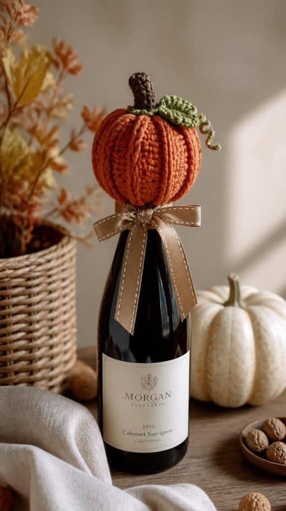 Crochet pumpkin styled as a wine bottle topper