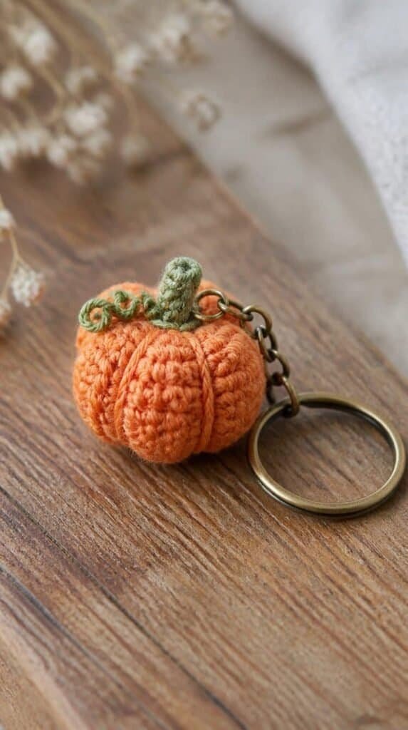 Tiny crochet pumpkin keychain with keyring