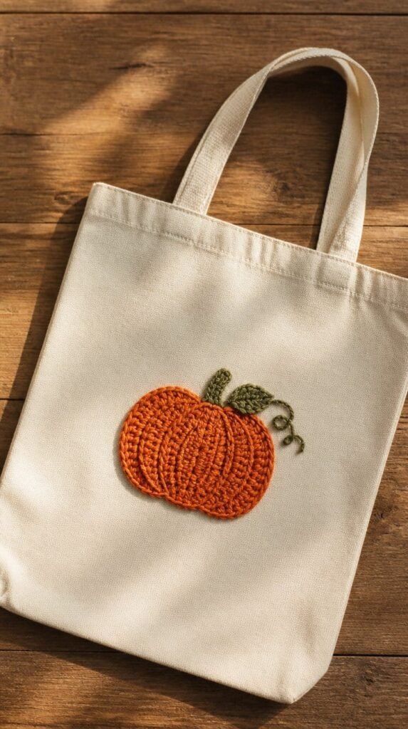 Flat crochet pumpkin sewn as an applique onto fabric