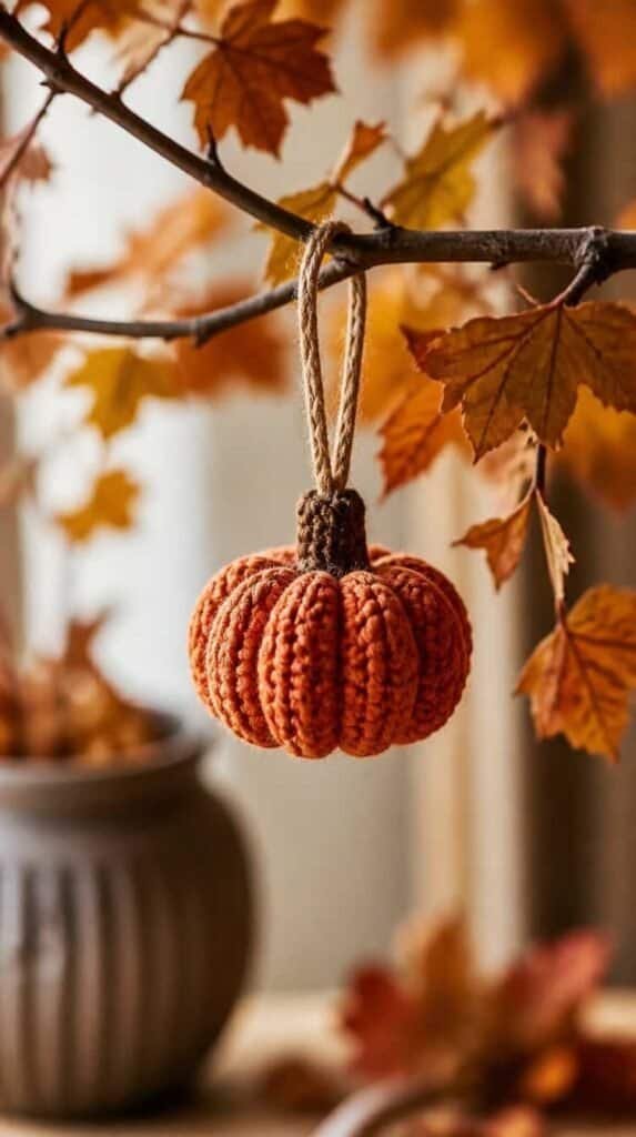 Small crochet pumpkin ornament with hanging loop