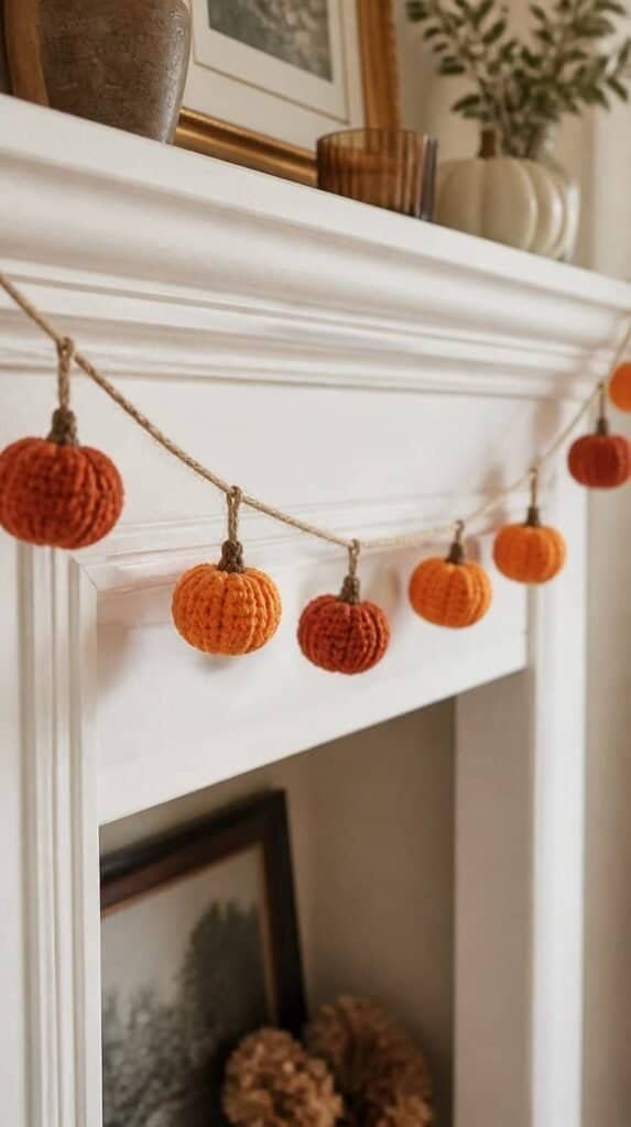 Garland of tiny crochet pumpkins strung together