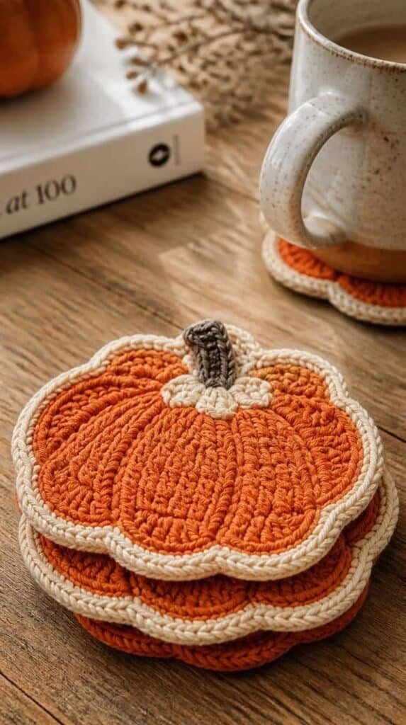 Flat crochet pumpkin coasters stacked on a table