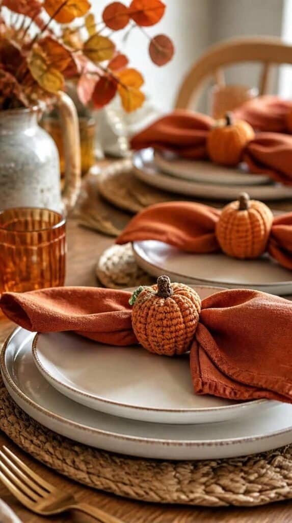 Crochet pumpkin napkin rings set on a fall table