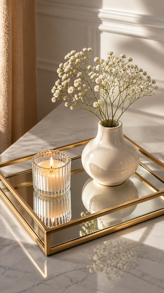 Tray with a mirror bottom added, styled with a candle and vase
