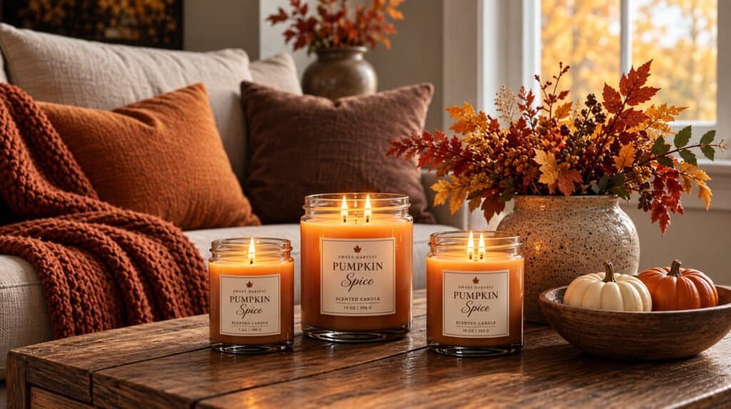 Cozy fall living room styled with glowing pumpkin spice jar candles on wood table