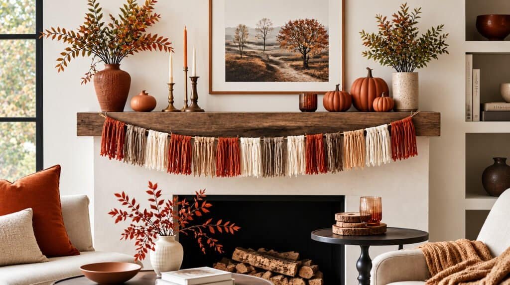 Modern living room mantel styled for fall with fringe garland, painted terracotta pumpkins, and wood slice coasters