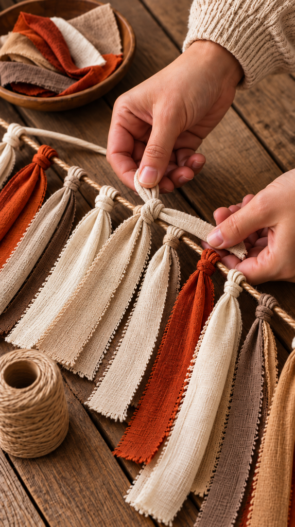 Hands knotting torn muslin fabric strips onto jute twine to make a no sew fringe garland