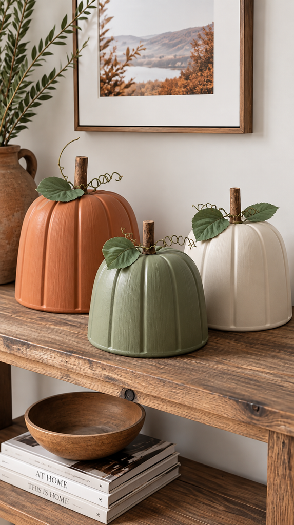 Painted terracotta pumpkins in muted clay and sage tones styled on a console table - modern fall craft ideas