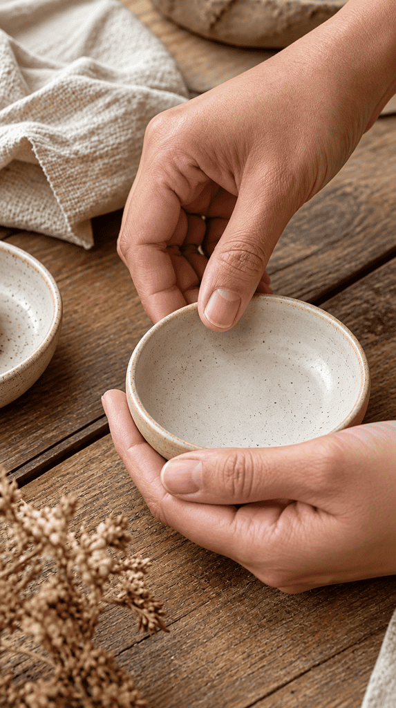 Hands pinching air dry clay into a small shallow bowl shape on a wooden work table