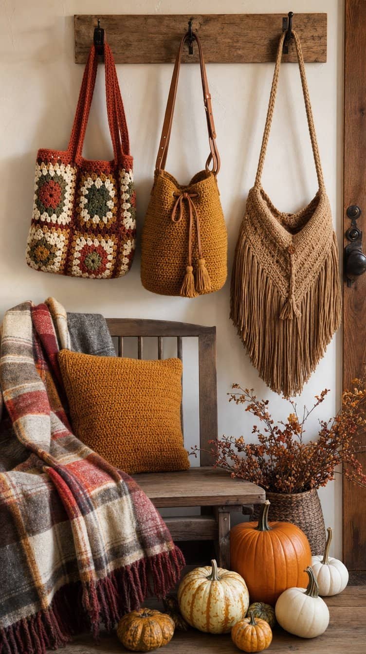 Handmade fall crochet bags hanging on wooden hooks in a cozy entryway with pumpkins